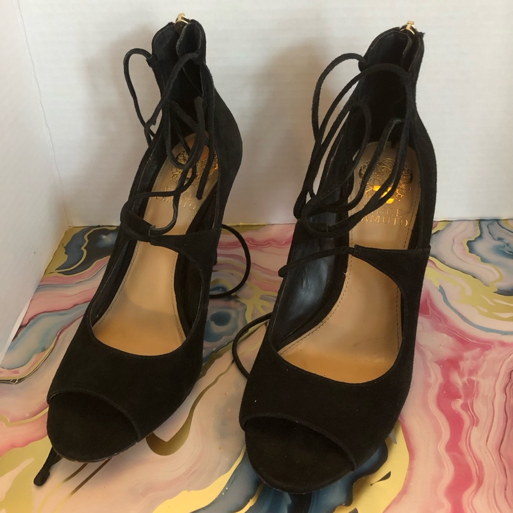 Vince Camuto Sandria black suede lace-up peep-toe pump heels